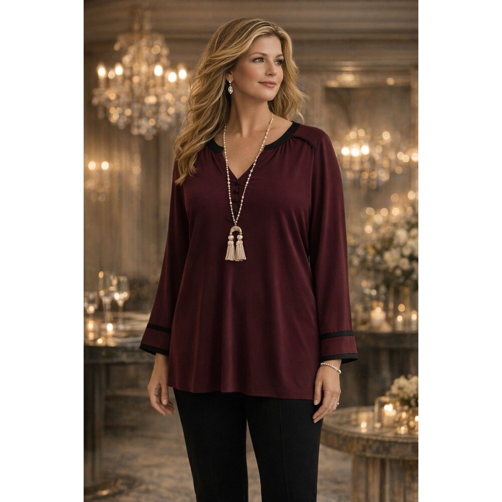 Karl Lagerfeld Women’s Burgundy Wine Slinky Top Tunic Classy Sz 2X Formal Party